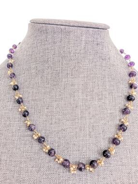 Vintage Gold Tone Amethyst Stone Beaded Seed Pearl Elegant Classic Necklace